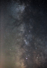 View of the Milky Way Galaxy in the night sky with bright stars. Astrophotography of outer space.