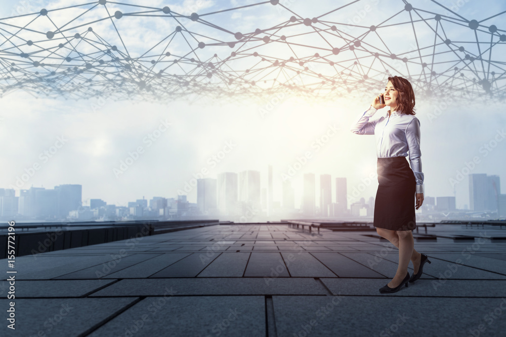 Poster young business woman and mesh communication network concept. iot(internet of things). ict(informatio