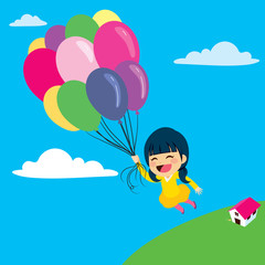 Beautiful little girl flying with balloon over the clouds in the sky
