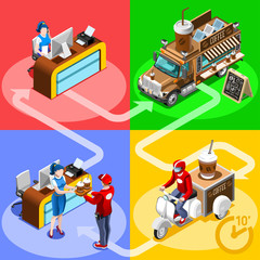 Coffee Cafe bar take away food truck and white car or van for breakfast fast home delivery vector infographic. Isometric people delivery man processing online order at the client customer door