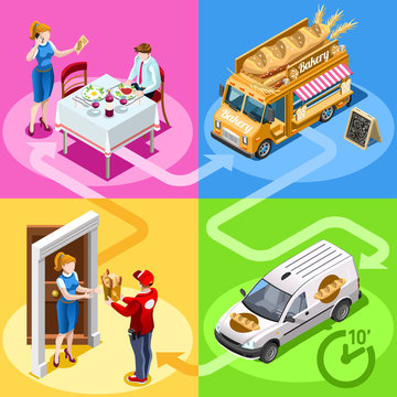 Bakery take away food truck and white car or van for bread fast home delivery vector infographic. Isometric people delivery man processing online order at the client customer door