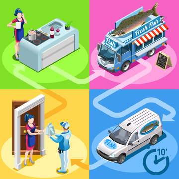 Fish shop take away food truck and white car or van for fast home delivery vector infographic. Isometric people delivery man processing online order at the client customer door