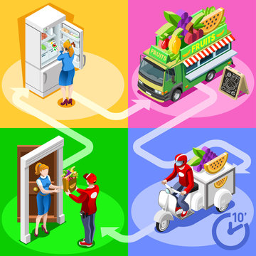 Fruit seller cart take away food truck and white motor scooter for fast home delivery vector infographic. Isometric people delivery man processing online order at the client customer door