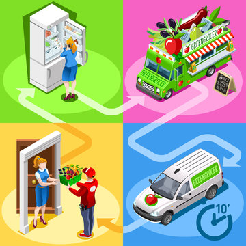 Greengrocer take away food truck and white car or van for vegetable fast home delivery vector infographic. Isometric people delivery man processing online order at the client customer door