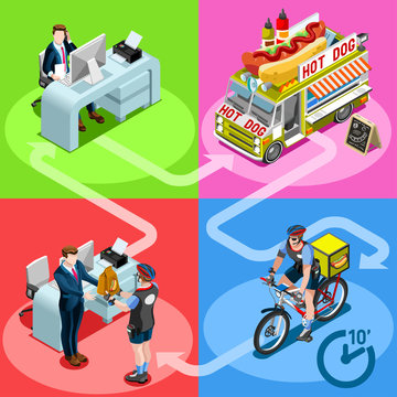 Hot dog take away food truck and for fast home delivery vector infographic. Isometric people delivery man processing online order at the client customer door