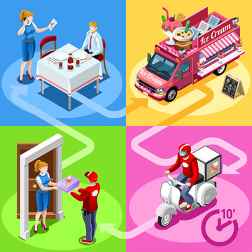 Ice Cream take away food truck and white motor scooter for fast home delivery vector infographic. Isometric people delivery man processing online order at the client customer door