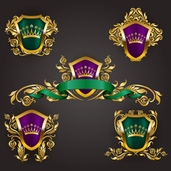 Set of golden royal shields with floral elements, ribbons, laurel wreaths for page, web design. Old frame, border, crown, divider in vintage style for label, emblem, badge, logo. Illustration EPS10