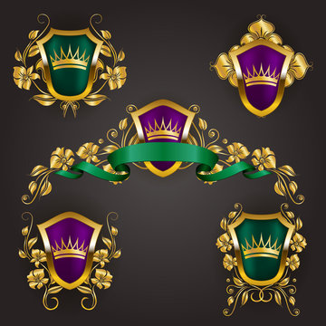 Set of golden royal shields with floral elements, ribbons, laurel wreaths for page, web design. Old frame, border, crown, divider in vintage style for label, emblem, badge, logo. Illustration EPS10
