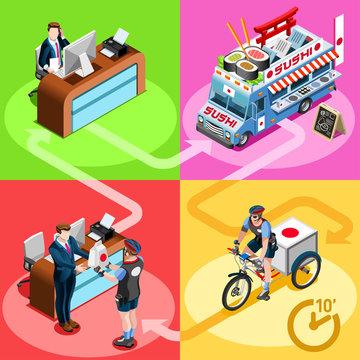 Sushi take away Japanese food truck and white car or van for fast home delivery vector infographic. Isometric people delivery man processing online order at the client customer door
