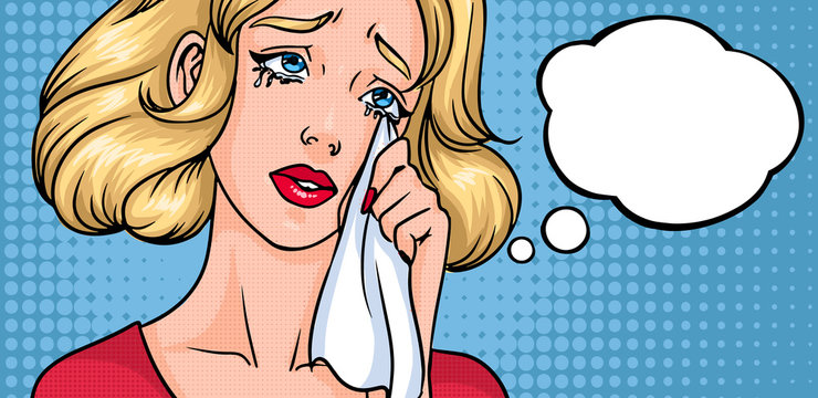 Crying woman face. Sad girl, horizontal background with place for text. Empty blank speech bubble. Colorful comics vector illustration in pop art style.