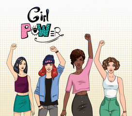 Fototapeta premium Girl power, Feminism concept. Different young modern girls with hands up. Colorful illustration.