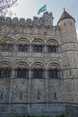 Gothic facade of medieval Gravensteen Castle in Ghent, Belgium