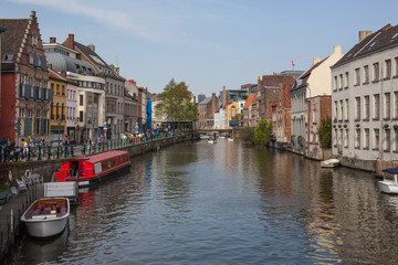 View along the embankment of Leie river in historic part of Ghent, Belgium