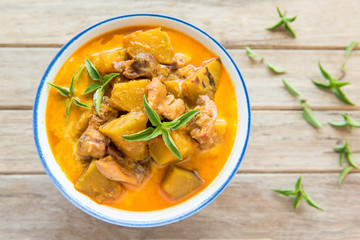 spicy curry chicken with coconut milk and pumpkin,Thai style food - obrazy, fototapety, plakaty