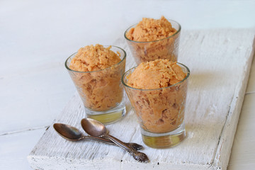 caramel ice cream in glass on light background. Copy space for text.