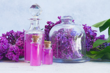 Obraz na płótnie Canvas Lilac essence in glass vials and fresh lilac flowers