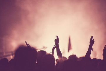 Crowd of audience with hands raised at a music festival