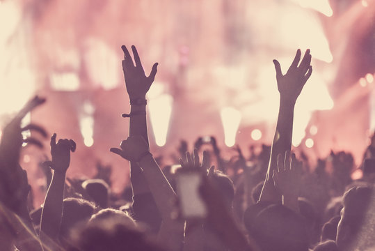 Crowd Of Audience With Hands Raised At A Music Festival