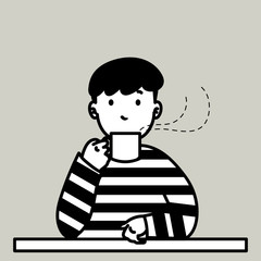 Minimal Man in Border T-Shirt Drinking Coffee