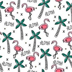 Vector seamless pattern summer style. Palm trees, flamingos, and the inscription "Aloha".