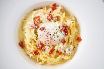 Top View of Italian-Style Spaghetti Carbonara