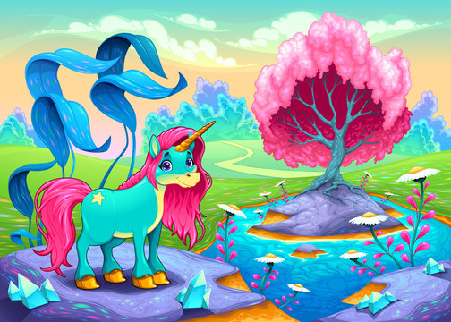 Happy unicorn in a landscape of dreams