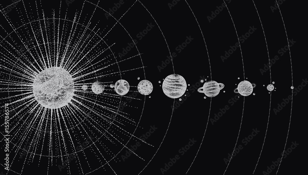 Wall mural solar system in dotwork style. planets in orbit. vintage hand drawn illustration