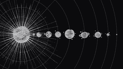 solar system in dotwork style. planets in orbit. vintage hand drawn illustration © Good Studio