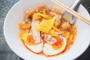 Close-Up of Spicy Tom Yum Noodle Soup