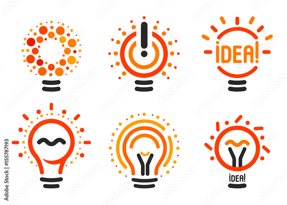 Poster stylized set of vector lightbulbs with line, dots, beam. new idea symbols collection colorful logoty