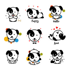 Obraz premium Cute puppy vector logo set. Favorite pet logotype collection. Joyful and cheerful human friend in the cartoon style icons, is played in a bone, lies, loves, welcomes and rests