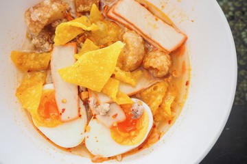 Top View of Thai-Style Spicy Tom Yum Noodle Soup