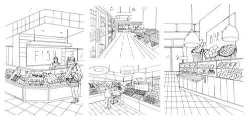 Supermarket interior hand drawn contour illustrations set. Grocery store fish, bread, fruit, vegetable departments with shoppers.