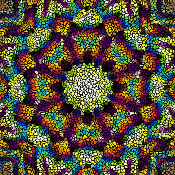 Seamless background pattern. Decorative symmetric mosaic pattern on black background.