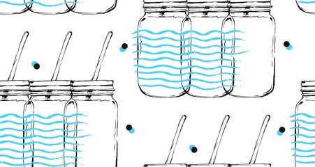 Ręcznie rysowane wektor streszczenie graficzny wzór z słoik butelki szklane butelki i fale odręczne tekstury na białym tle. Woda detoks i koncepcja lemoniady domowej roboty - 155790186
