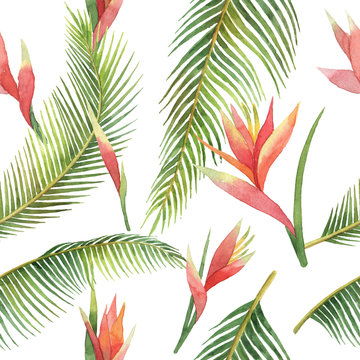 Watercolor seamless pattern of exotic flowers and jungle leaves isolated on white background.