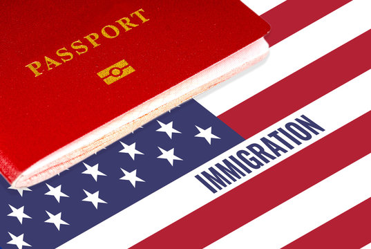 immigration, text over us flag and passport