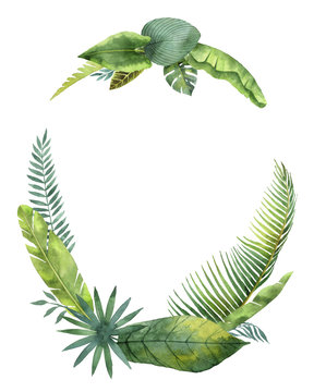 Watercolor wreath tropical leaves and branches isolated on white background.