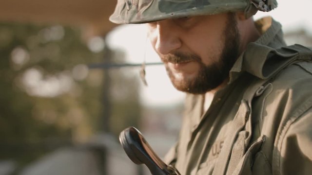 Close-up of the American soldier who is going on the military campaign