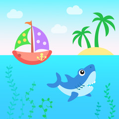 Water World: shark and ship.