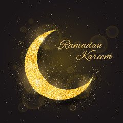 Vector Ramadan Kareem background with sparkling glitter golden textured moon on brown glow background for muslim holy month. Seasonal holidays greeting card template