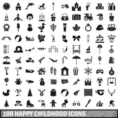 100 happy childhood icons set, simple style 