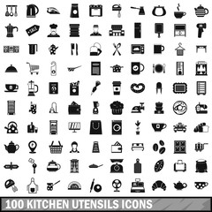 100 kitchen utensils icons set, simple style 