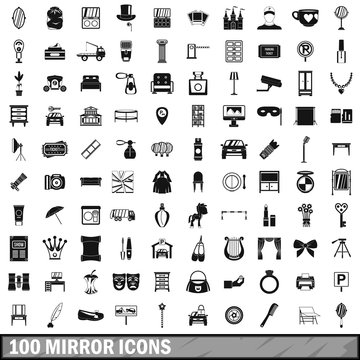 100 mirror icons set, simple style 