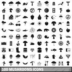 100 mushrooms icons set, simple style 