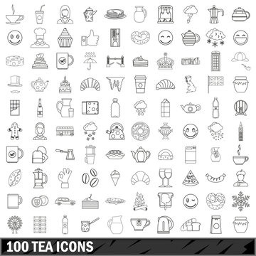 100 tea icons set, outline style