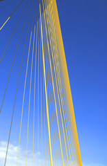 A rope bridge and blue sky