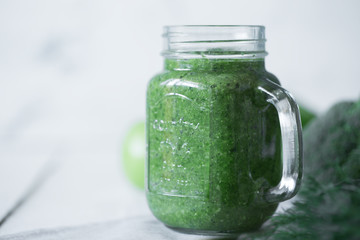 Green vegetables smoothies prepared with cauliflower with copy space