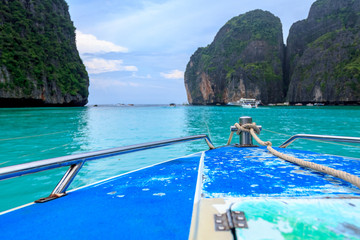 speed boat and blue water at Maya bay in Phi Phi Island, Krabi Thailand