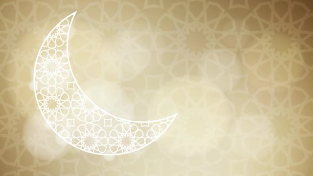 Ornamental half moon with glittering bokeh lights on the golden background with the traditional Arabic pattern. Loopable Ramadan graphic animation.